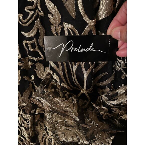 Prelude Black & Gold Metallic Embroidered Top with Bell Sleeves – Size Large - Picture 2 of 9